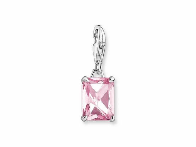 Charm-Anhänger von Thomas Sabo aus Silber mit pinkem Zirkonia-Stein in rechteckiger Form, ideal als Schmuckstück für Armbänder oder Halsketten.