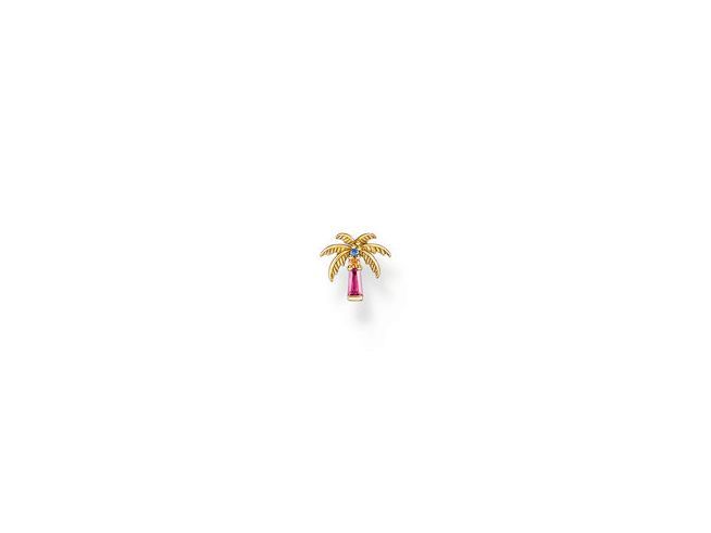 Einzel Ohrstecker in Form einer Palme aus Silber mit vergoldeten Elementen und einem Glas-Keramik Stein in Pink, ideal für einen festlichen Look.