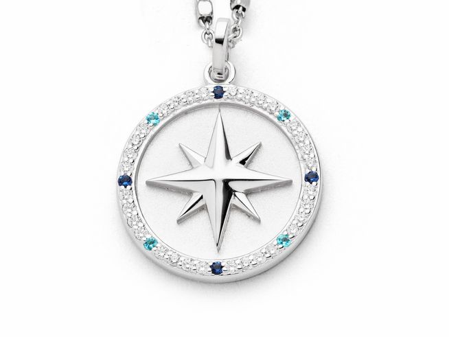 Sterling Silber Anhänger in Form einer Kompassrose mit rhodinierter Oberfläche, dekoriert mit Zirkonia in verschiedenen Farben, stilvolles und funkelndes Design, ideal für jeden Anlass.