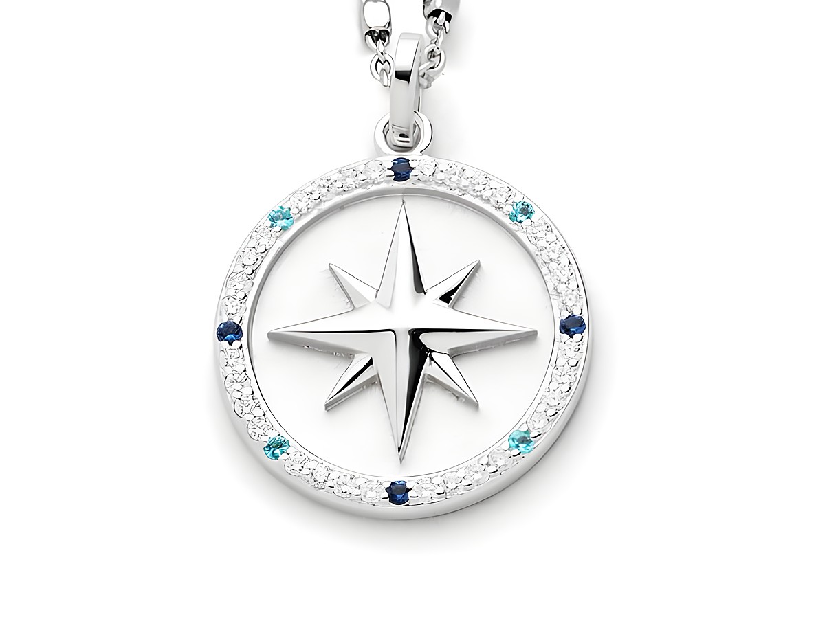 Sterling Silber Anhänger in Form einer Kompassrose mit rhodinierter Oberfläche, dekoriert mit Zirkonia in verschiedenen Farben, stilvolles und funkelndes Design, ideal für jeden Anlass.