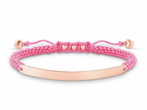 Makramee Armband von Thomas Sabo aus Nylon in pink mit einem glänzenden silber vergoldeten Roségold Element und drei kleinen goldenen Akzenten, verstellbar von 15 bis 21 cm.