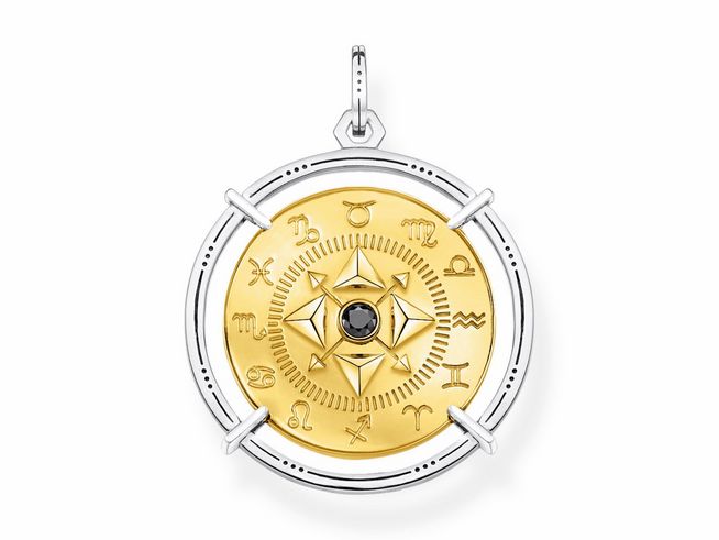 Thomas Sabo Anhänger PE908-849-11 aus Sterling Silber, vergoldet in Gelbgold, mit einem zentralen schwarzen Zirkonia und astrologischen Symbolen, ein elegantes Schmuckstück für besondere Anlässe.