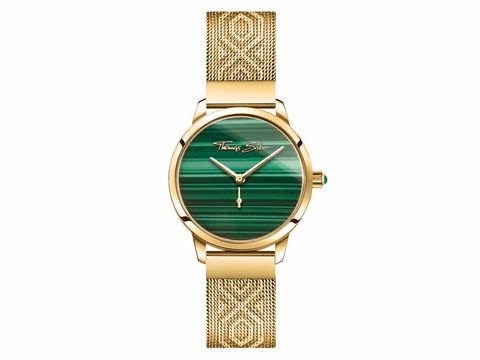 Damenuhr von Thomas Sabo WA0365-264-211 mit goldfarbener Mesh-Armbanduhr und grünem Ziffernblatt mit gestreifter Malachit-Optik, elegantes Design für stilbewusste Frauen.