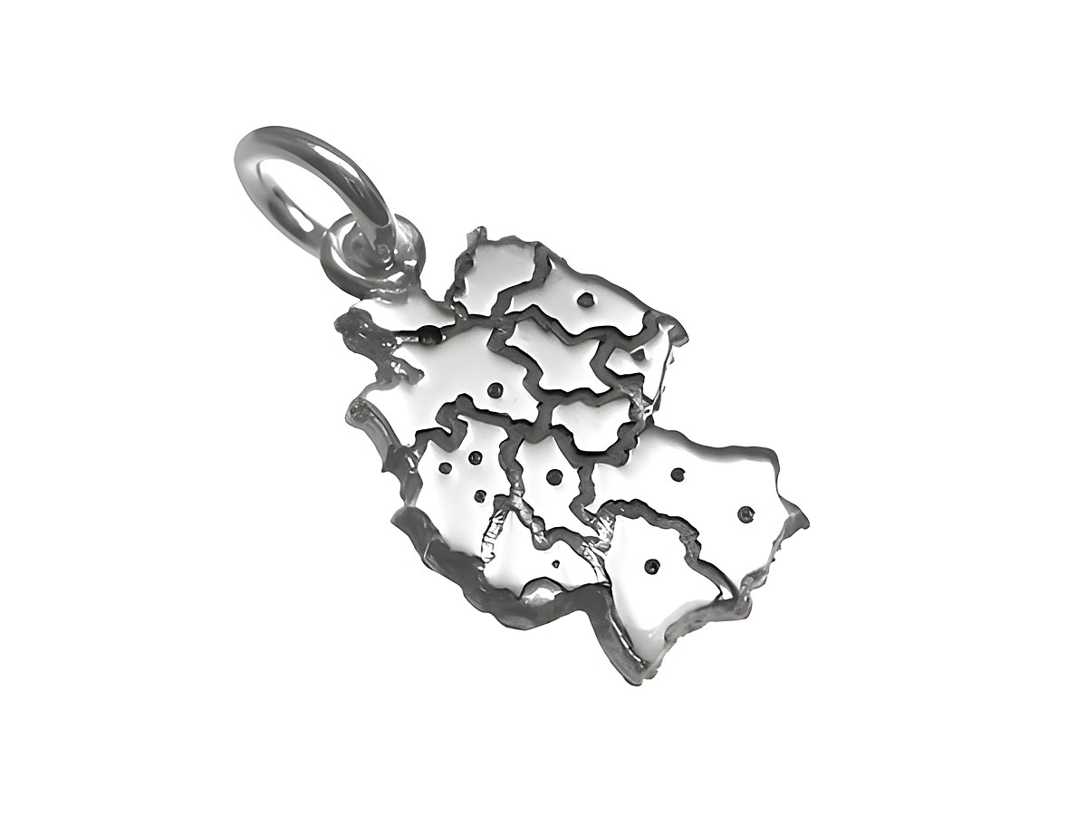 925 Sterling Silber Anhänger in Form einer stilisierten Deutschlandkarte, gefertigt vom Juwelier Harnisch, zeigt unterschiedliche Regionen als klare Symbole. Ideal für Anhänger oder Schmuckliebhaber.