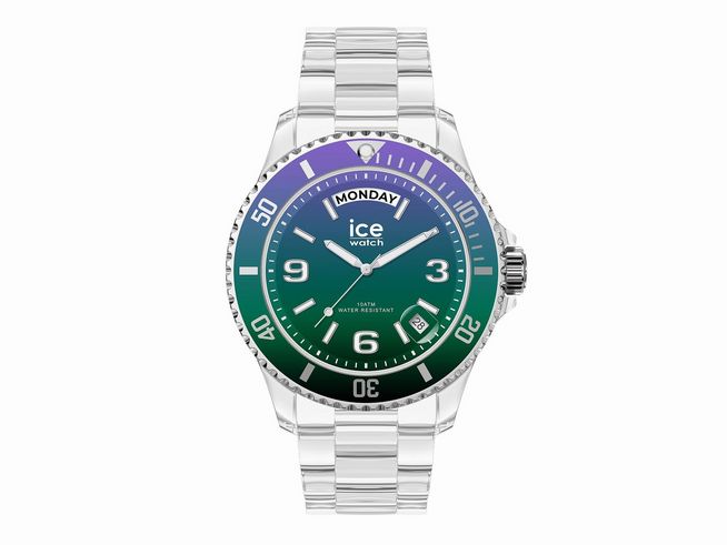 Die Ice Watch ICE clear sunset in Purple Green hat ein modernes Ziffernblatt mit Farbverlauf von Lila zu Grün und eine silberne Edelstahlarmband. Sie ist wasserbeständig bis 30 Meter.
