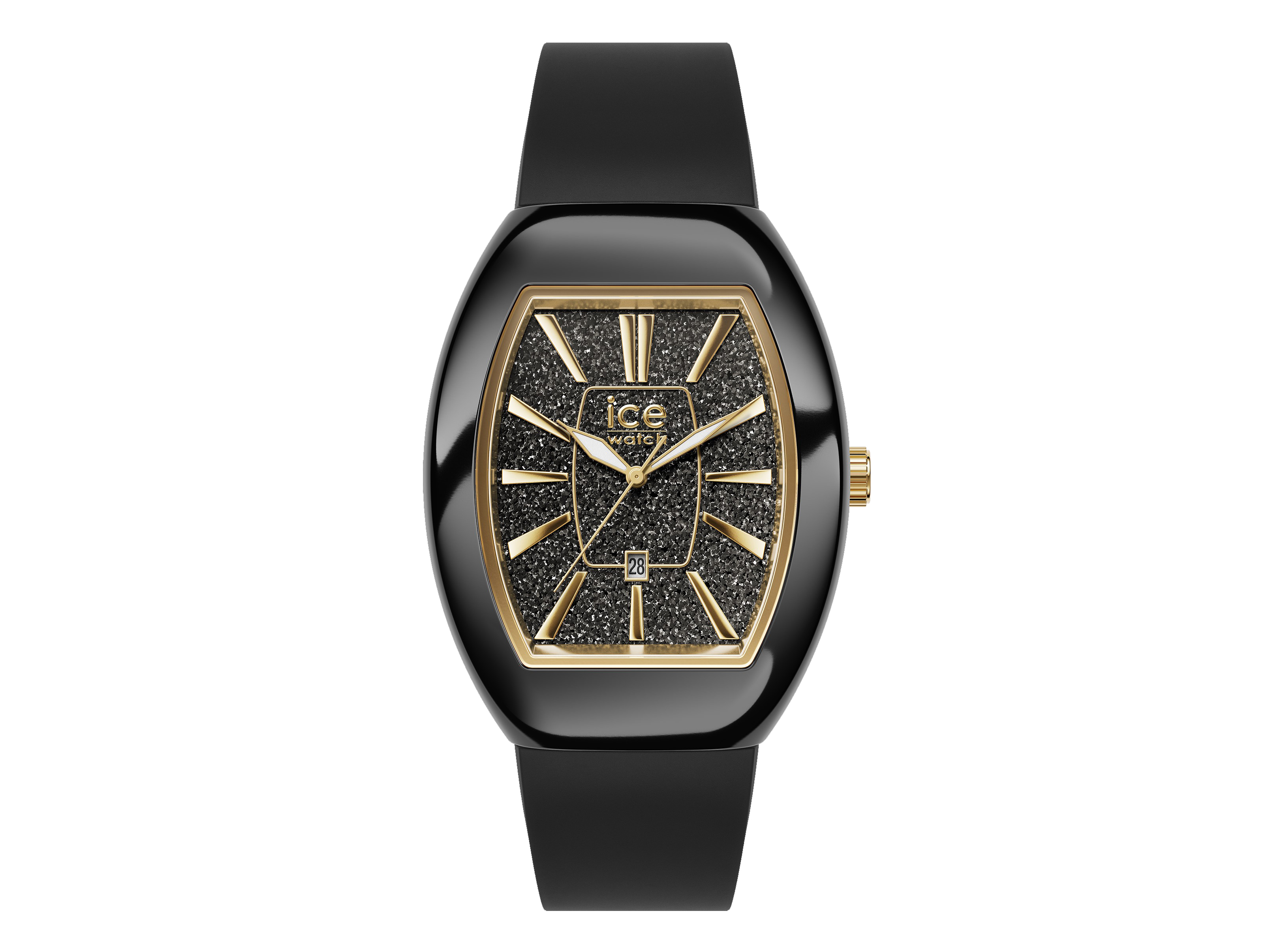 Die Ice Watch 024030 ICE boliday Uhr in Schwarz mit Glitzer und goldenen Akzenten präsentiert ein elegantes Design. Die Uhr hat ein schwarzes Silikonarmband und ein funkelndes Zifferblatt mit Datumsanzeige.