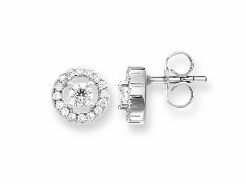 Ohrstecker von Thomas Sabo aus 925 Sterling Silber mit einem runden Stein in der Mitte, umgeben von weißen Zirkonia. Elegantes Design für jeden Anlass.