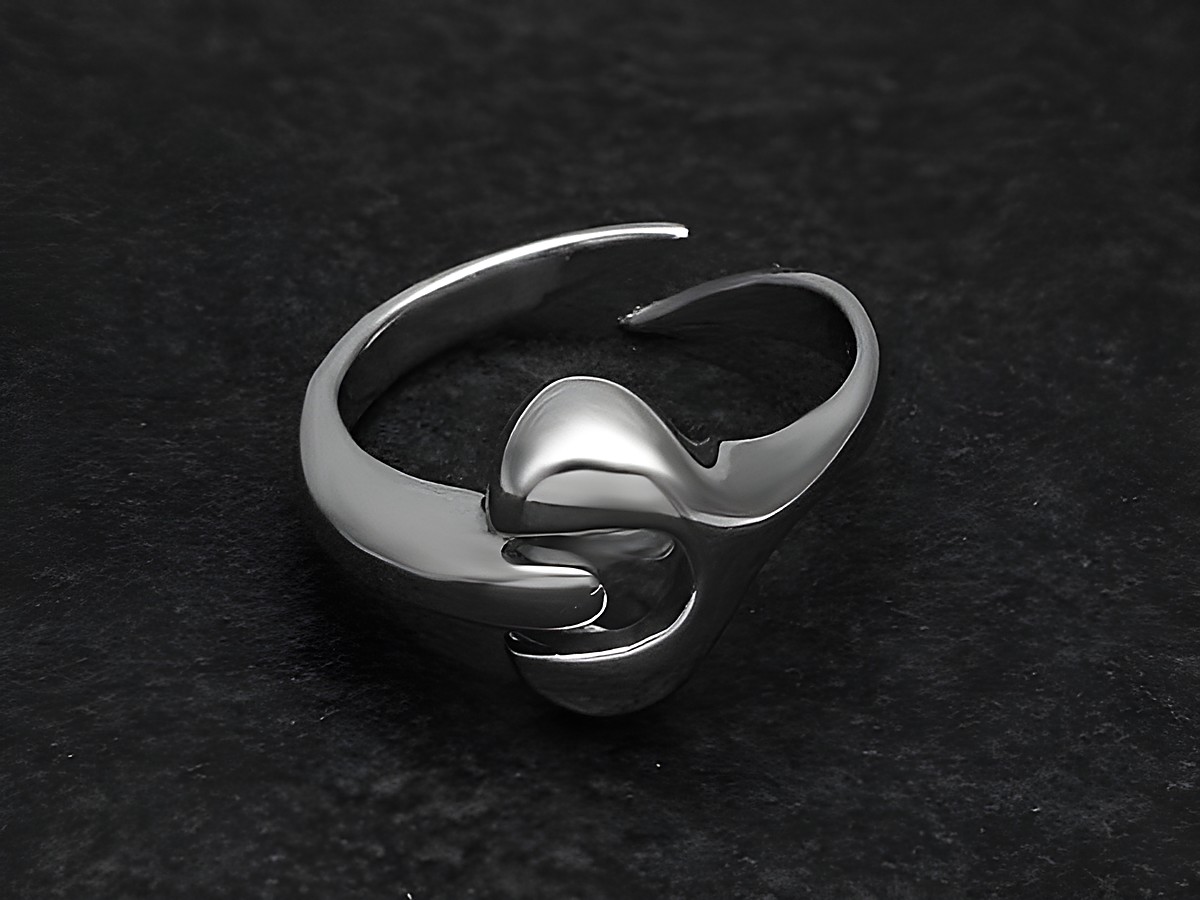 Silberring rho in modernem Design, wenig verstellbar, rhodiniert und ohne Stein, hergestellt von Juwelier Harnisch. Elegante und zeitlose Form für stilbewusste Träger.