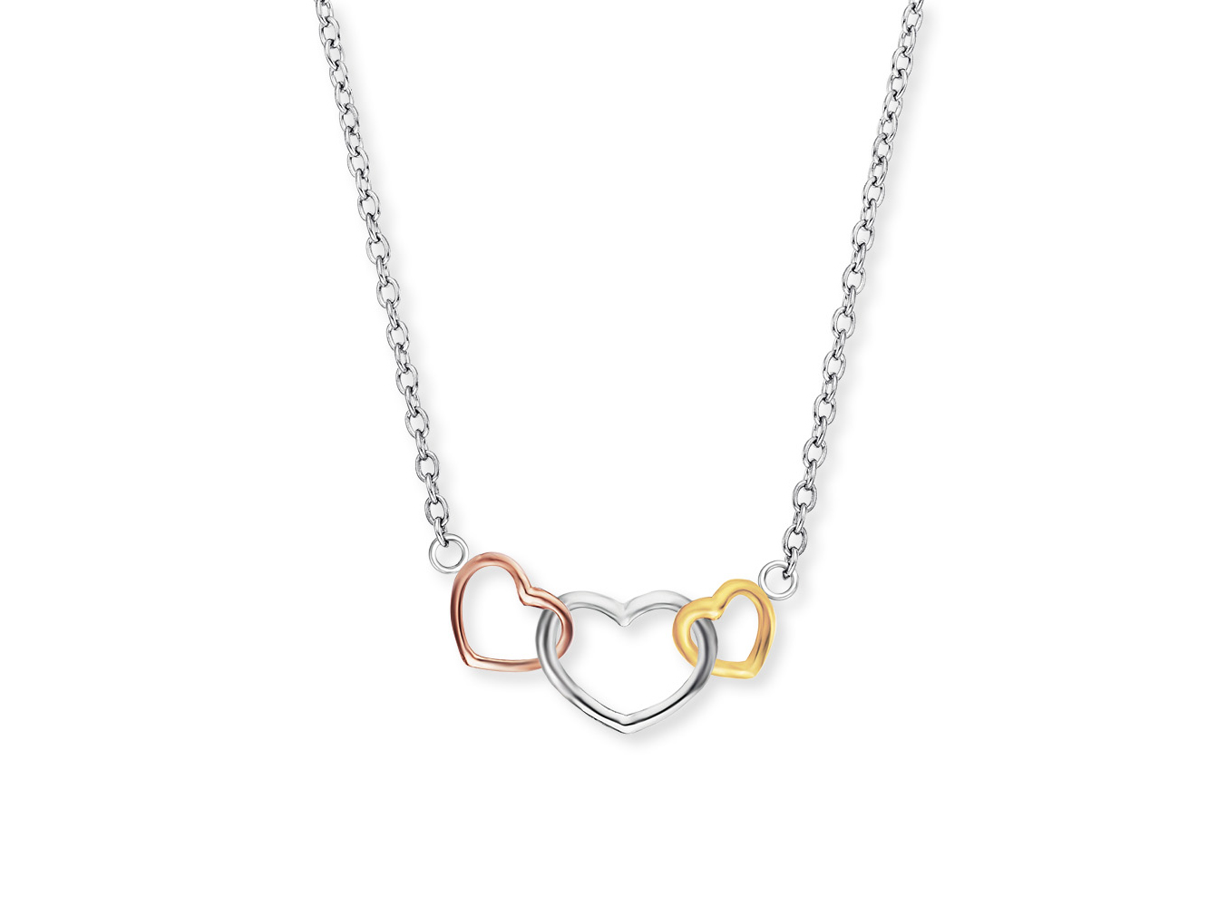 Hübsche Engelsrufer Kette mit Anhänger in Tricolor-Design, drei Herzen in Roségold, Silber und Gelbgold, Länge 40 cm, Hersteller ist Engelsrufer.