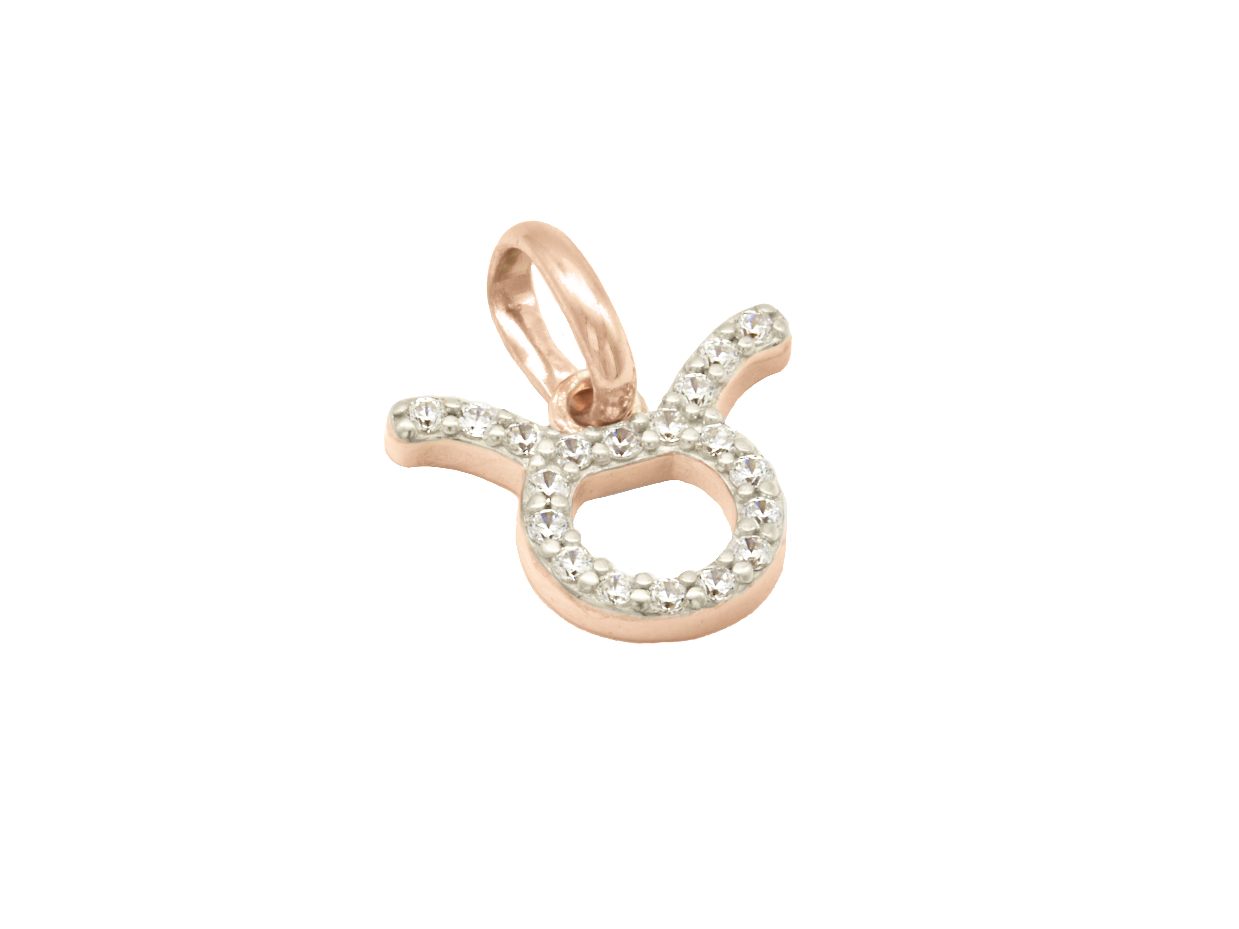 Ein Anhänger des Sternzeichens Stier aus hochwertigem 925er Sterlingsilber, vergoldet in Roségold und poliert, verz adorned mit funkelndem Zirkonia. Ideal als Schmuckstück oder Geschenk.