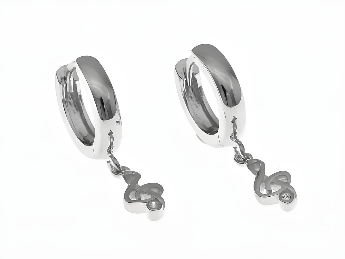 Ohrhänger aus rhodiniertem Sterling Silber mit Notenschlüssel-Anhänger und funkelndem Zirkonia, entworfen von Juwelier Harnisch, stilvolle Creolen.