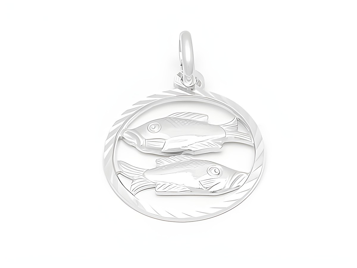 Fisch Sternzeichen Anhänger aus sterling Silber diamantiert und rhodiniert, Hersteller Juwelier Harnisch, zeigt zwei stilisierte Fische in einem runden Design.