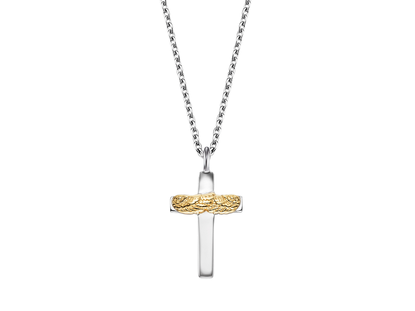 Halskette mit Anhänger in Form eines Kreuzes und Flügelchen, bicolor in Gelbgold und Silber, 40 cm lang, Hersteller Engelsrufer.