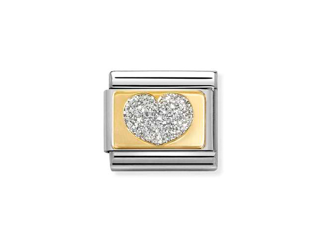 Ein klassisches Glitter-Plättchen aus 585er Gelbgold mit einem Herzen aus Strasssteinen, umgeben von einem silbernen Rahmen, ideal für den individuellen Schmuckstil.