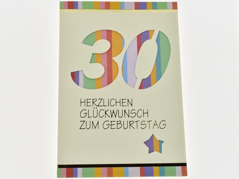Bunte Geburtstagskarte mit der Aufschrift 30 und dem Text Herzlichen Glückwunsch zum Geburtstag, Hersteller Juwelier Harnisch, ideal für Geburtstagsfeiern.