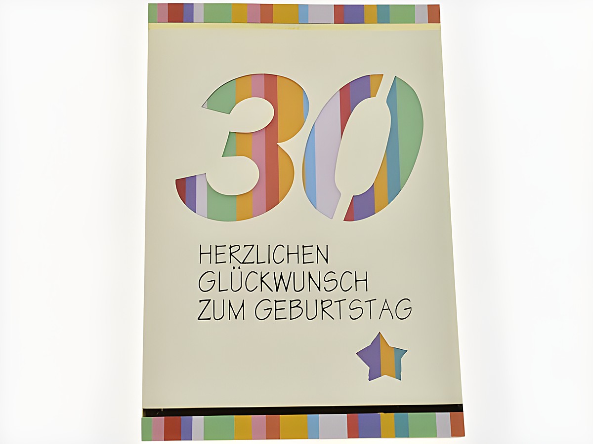 Bunte Geburtstagskarte mit der Aufschrift 30 und dem Text Herzlichen Glückwunsch zum Geburtstag, Hersteller Juwelier Harnisch, ideal für Geburtstagsfeiern.