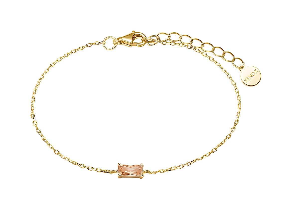 Xenox Sterling Silber Armband XS6032G in Gelbgold vergoldet mit Fancy Cut Karreekette und einem zarten Centerstein, geeignet für Handgelenke von 15 bis 20 cm.