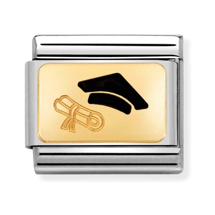Nomination Composable Classic Charm Doktorhut Diplom schwarz - Edelstahl, Gold 750, Emaille