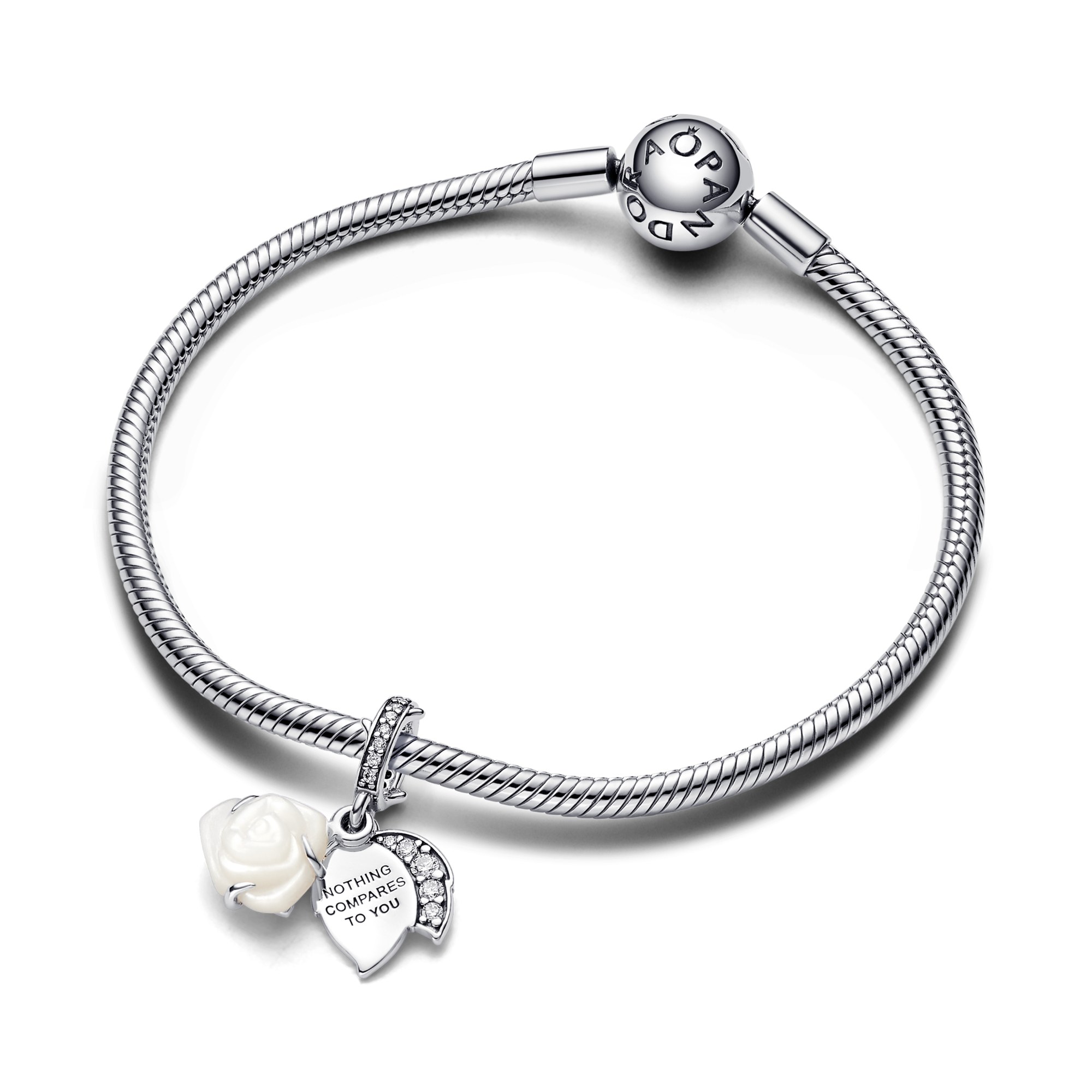 Pandora Weiße Blühende Rose - Doppelter Charm-Anhänger - Silber - Steinmix Weiß – Ansicht 4