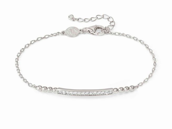 Elegantes Armband aus rhodiniertem Sterling Silber mit einer schönen, glitzernden Steinreihe auf der Vorderseite und einer feinen Gliederkette zur individuellen Anpassung.