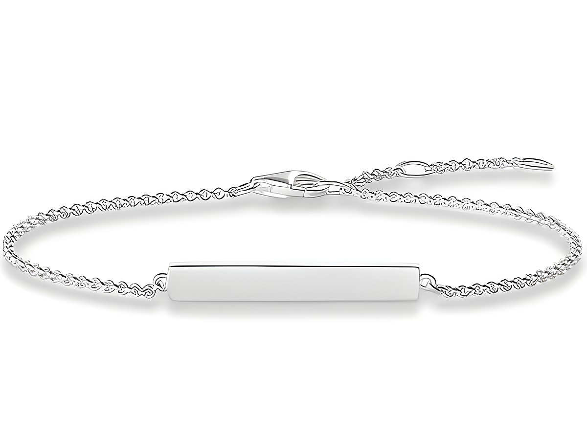 Silbernes Love Bridge Armband von Thomas Sabo mit einem glatten, länglichen Anhänger und feiner Kette, erhältlich in verschiedenen Längen von 16,5 bis 19,5 cm.
