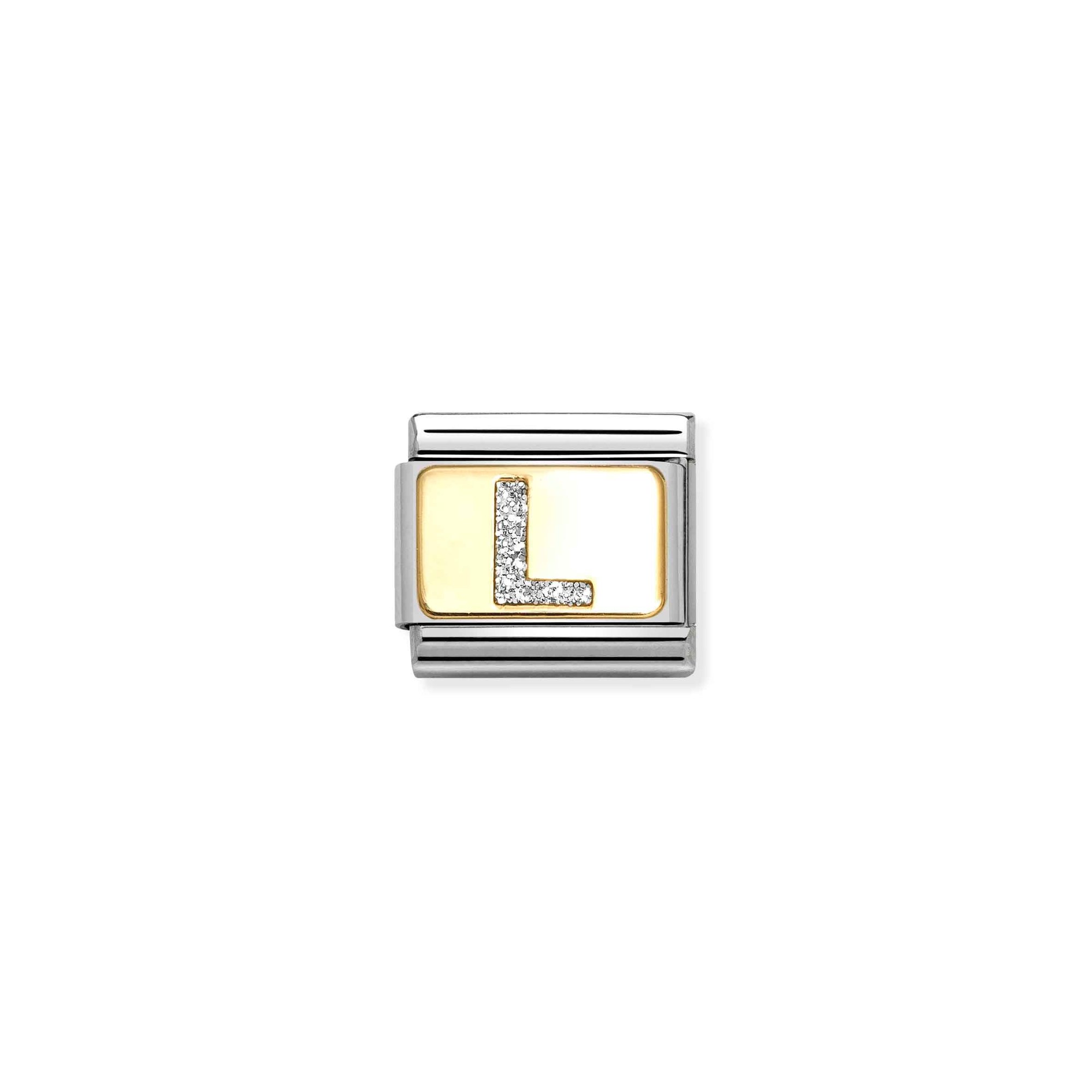 Nomination Composable Classic Charm Buchstabe L Silberglitzer - Edelstahl, Gold 750, Emaille