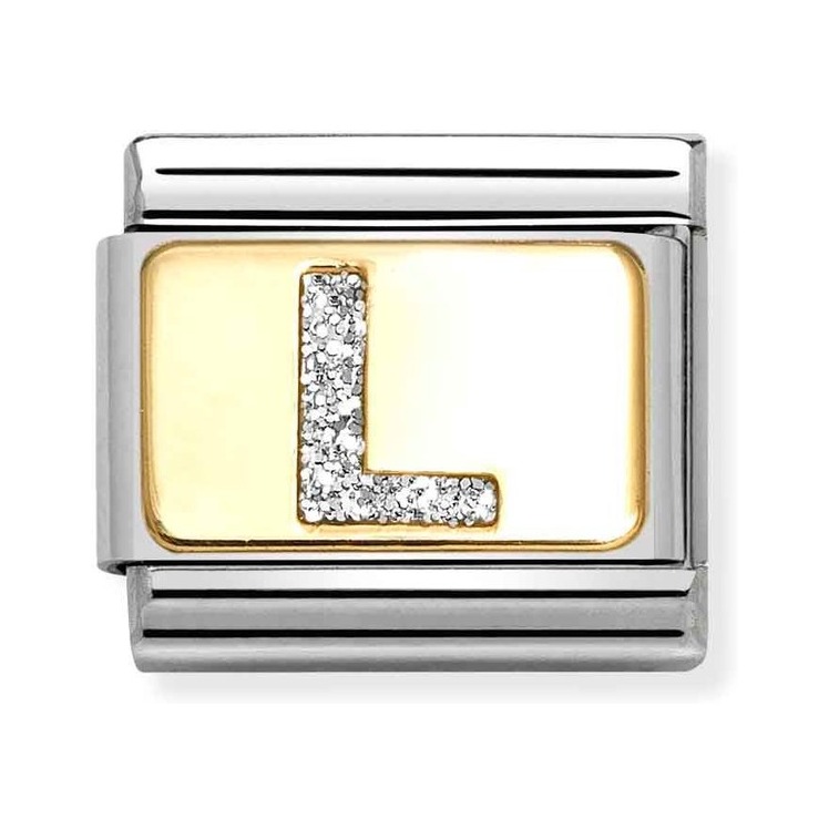 Nomination Composable Classic Charm Buchstabe L Silberglitzer - Edelstahl, Gold 750, Emaille
