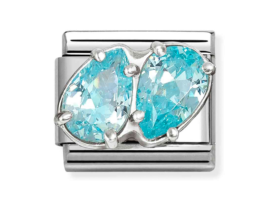 Classic Sterling Silber Charm mit zwei hellblauen Tropfen aus funkelndem Material, umrahmt von einem silbernen Schmuckelement, ideal für modische Armbänder, neu von Pandora.