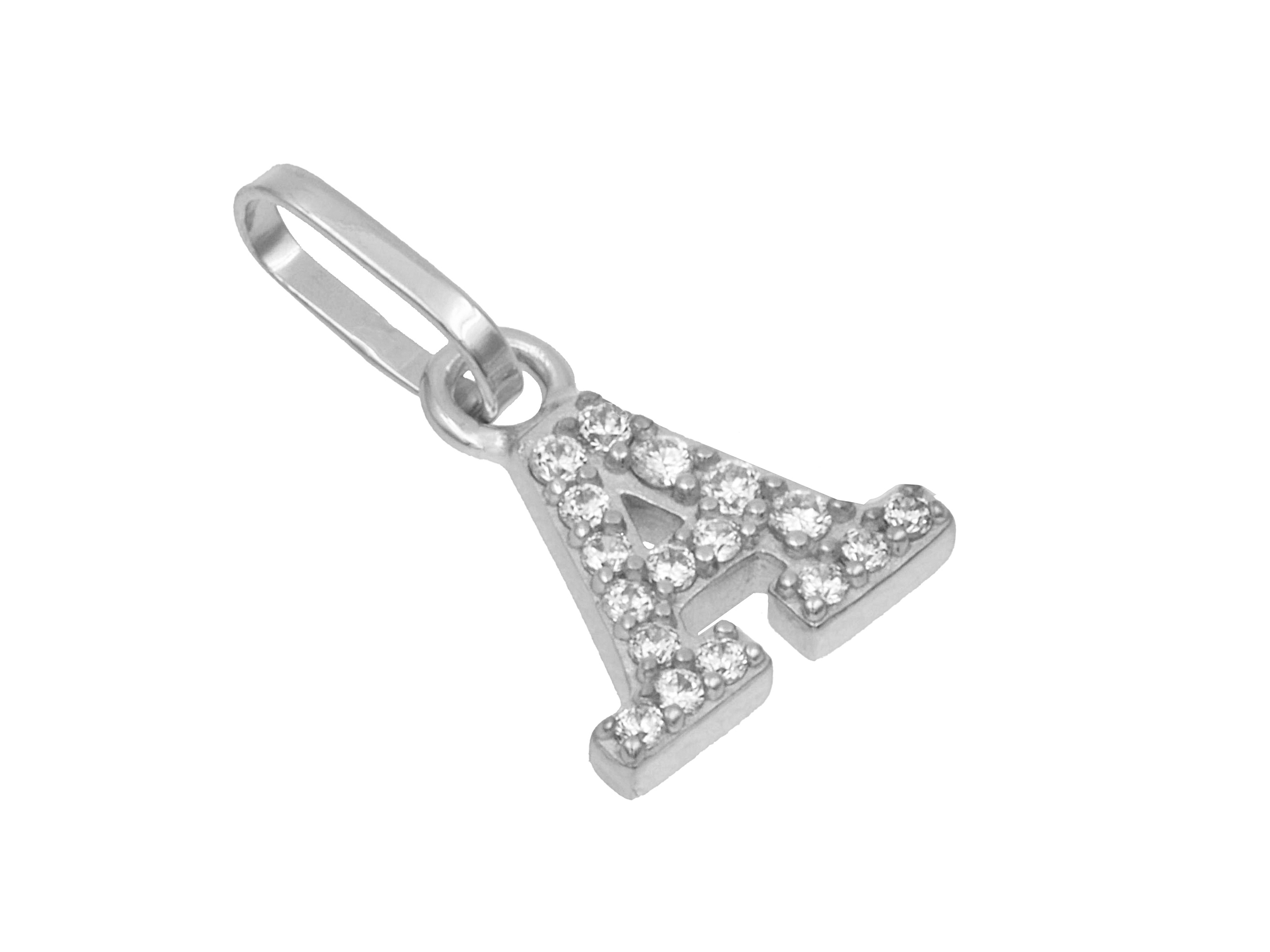 Buchstaben Anhänger A aus Sterling Silber rhodiniert, besetzt mit Zirkonia, Hersteller Juwelier Harnisch, elegantes Design ideal für personalisierten Schmuck.