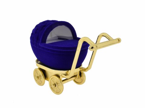 Geschenkschachtel in Form eines blauen Kinderwagens, 9 cm groß, Hersteller: Juwelier Harnisch, ideal als Geschenkbox für besondere Anlässe.