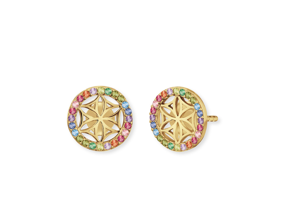 Zwei runde Ohrstecker mit Lebensblume Motiv aus vergoldetem Silber, verziert mit bunten Zirkonia in verschiedenen Farben, Durchmesser jeweils 10 mm, Hersteller Engelsrufer.