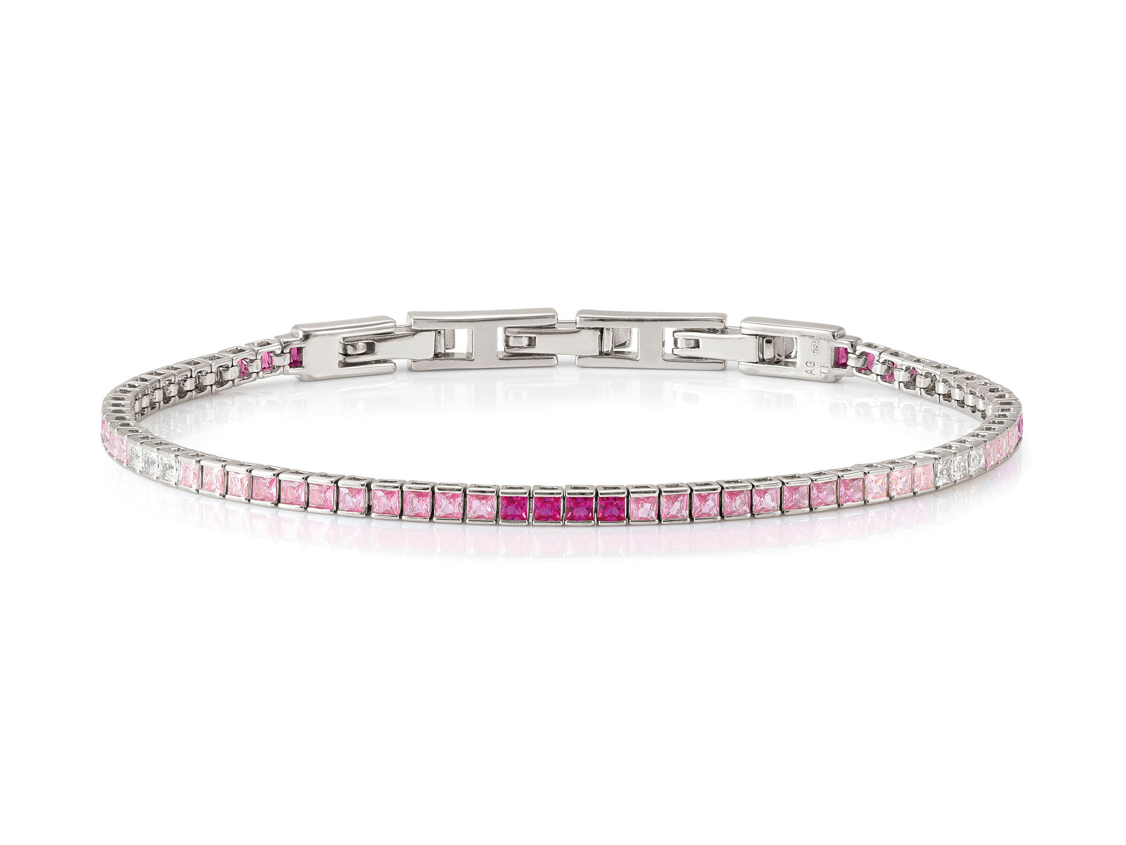 Das Bild zeigt ein elegantes Armband aus Sterling Silber, besetzt mit rosa und klaren Zirkonia-Steinen in verschiedenen Tönen, designed von Nomination, Größe 16,5 bis 19 cm.