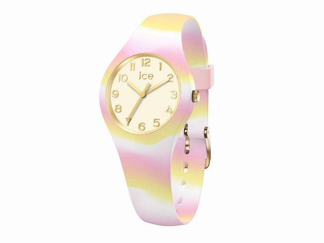 50441397-0 Ice Watch Uhr 022596 - ICE tie and dye Crystal Rose - Extra small, farbenfrohe Uhr mit pastellfarbenem, gestreiftem Armband und goldenen Ziffern auf dem Zifferblatt.