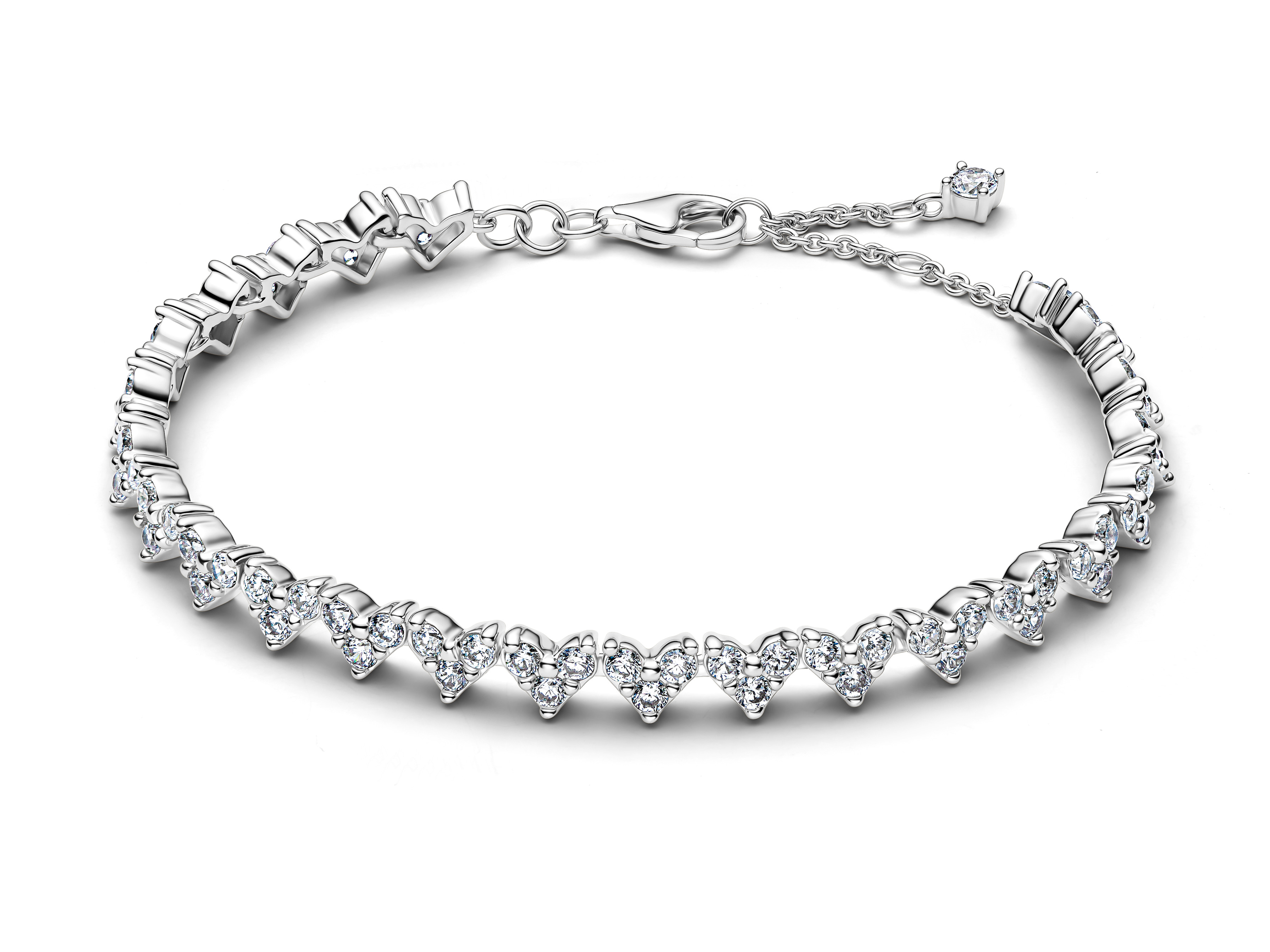 Silbernes Armband mit Herzdesign und Zirkonia-Steinen, Hersteller Pandora, Modell 594390C01-16, ideal für romantische Anlässe, Länge 16 cm, neu und modern.