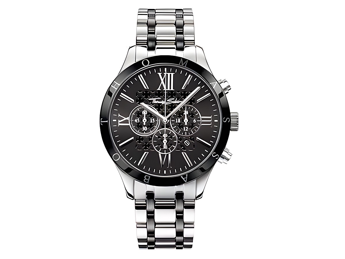 Elegante Thomas Sabo Herrenuhr WA0139-222-203 mit schwarzem Ziffernblatt, silbernem Edelstahlarmband und chronographischen Funktionen für stilbewusste Träger.