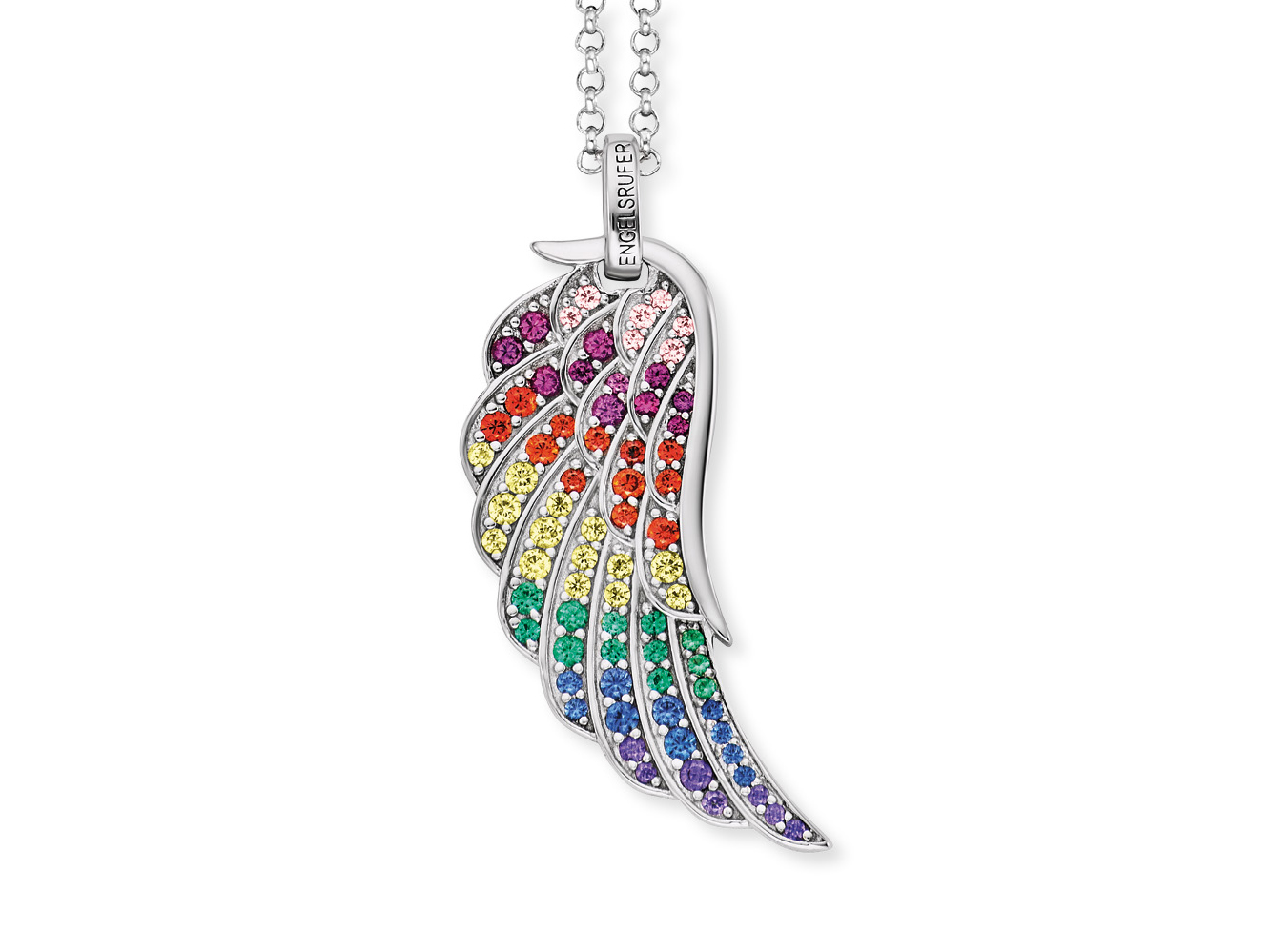 Engelsrufer ERN-WING-ZIM WING Kette Flügel mit Zirkonia Multicolor - Silber rhod. 45 cm Kette mit Anhänger in Form eines farbenfrohen Flügels aus Zirkonia, gefertigt von Engelsrufer, in Silber rhodiniert, Länge 45 cm, funkelt in mehreren Regenbogenfarben.