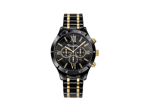 41608867-0 Chronograph Uhr von Thomas Sabo in Schwarz und Gold mit römischen Ziffern, zwei Zifferblättern und einer eleganten Armbanduhr für Herren. Ideal für stilbewusste Männer.