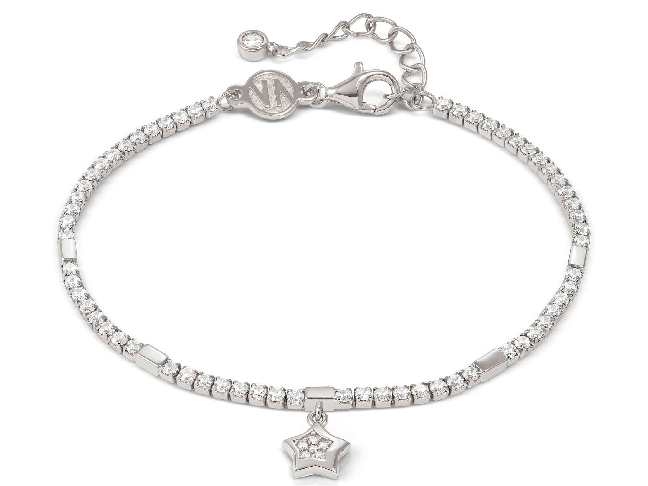 Das Bild zeigt ein elegantes Armband aus Sterling Silber mit einem Anhänger in Sternform, verziert mit funkelnden Zirkonia-Steinen. Die Länge beträgt 16,5 bis 19,5 cm.