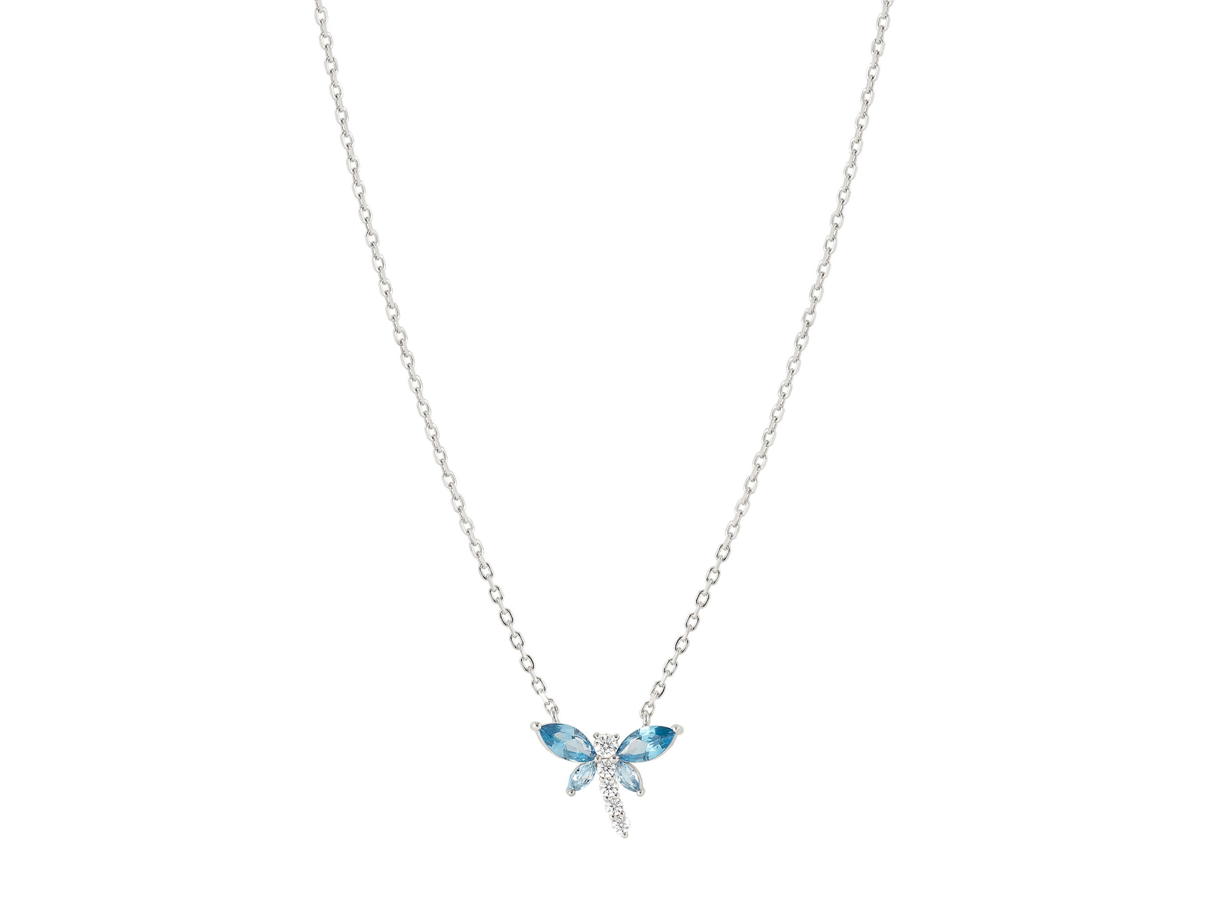 Eine filigrane Halskette aus Sterling Silber mit einem dekorativen Libellen-Anhänger, besetzt mit Zirkonia in Weiß und Hellblau, ideal als modisches Accessoire.