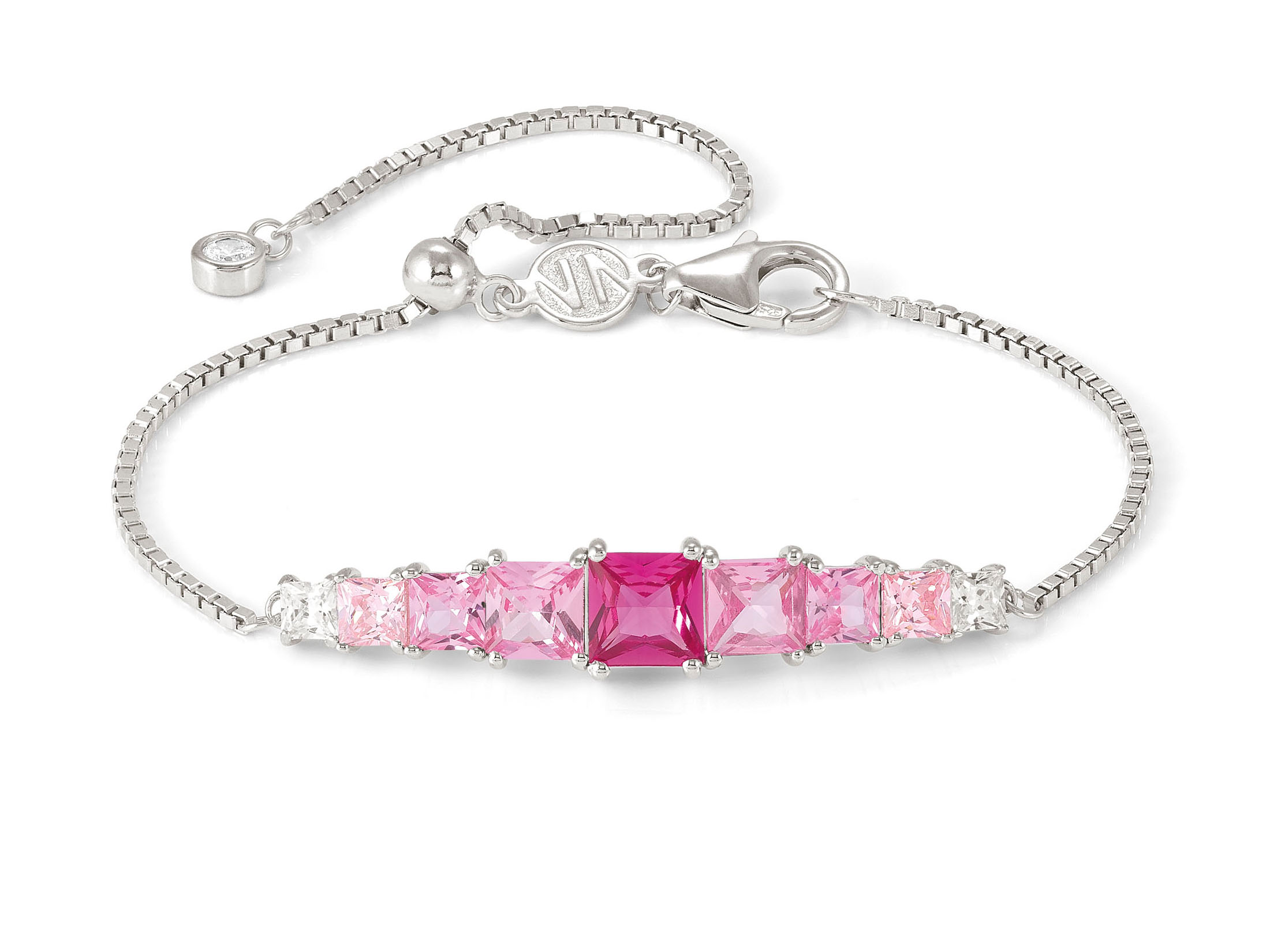 Armband aus Sterling Silber mit Zirkonia in verschiedenen Rosa-Tönen, perfekt für einen eleganten Look. Verstellbare Länge bis 20 cm, Hersteller Nomination, Neuheiten.