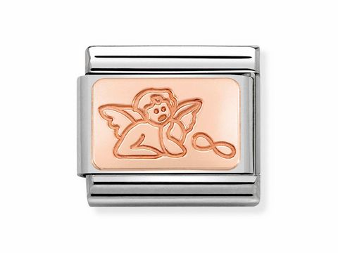 Roségoldener Charm mit einem Engel und dem Symbol für Unendlichkeit, passend für Nomination Armbänder, elegantes Design von Nomination, schützt und inspiriert.