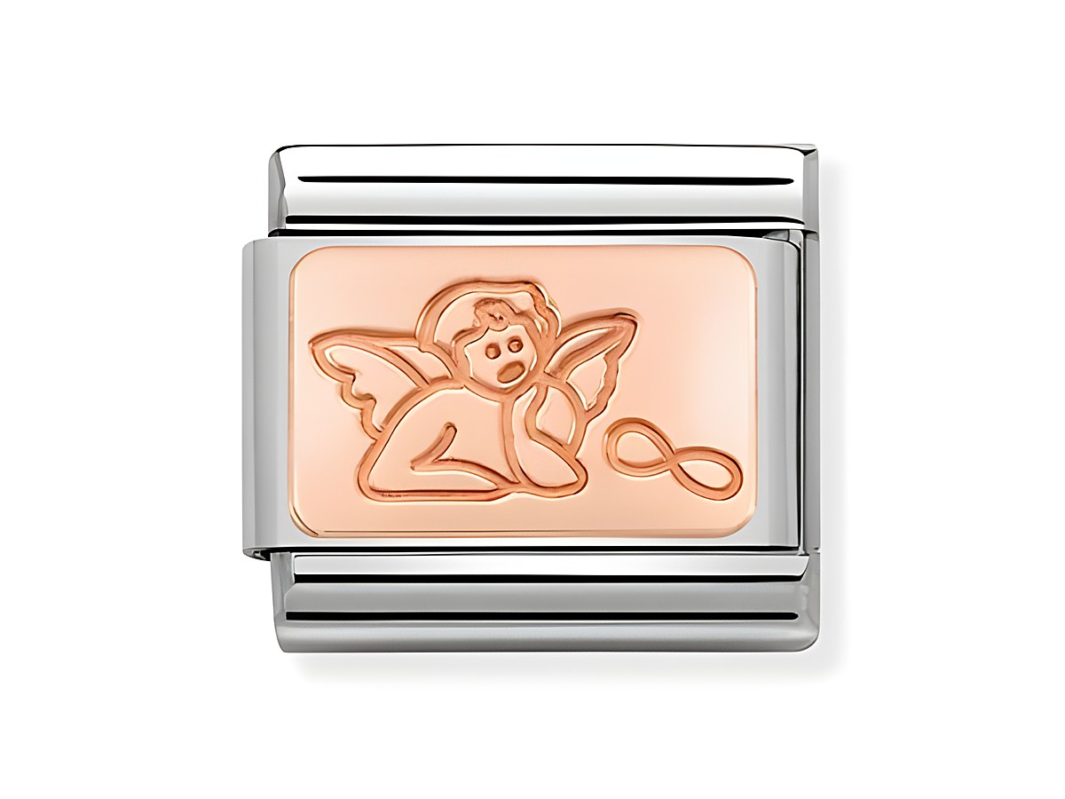 Roségoldener Charm mit einem Engel und dem Symbol für Unendlichkeit, passend für Nomination Armbänder, elegantes Design von Nomination, schützt und inspiriert.