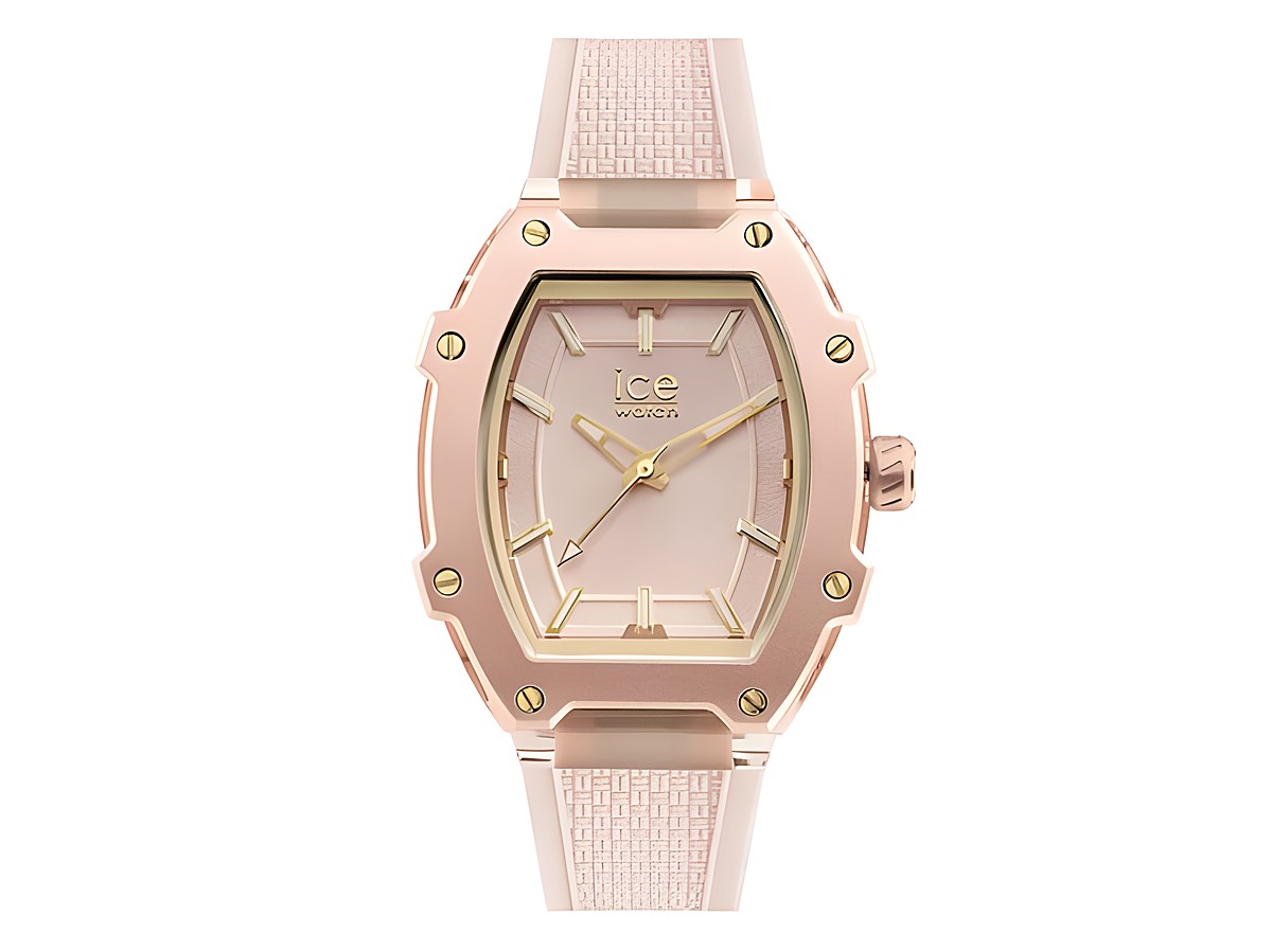 Die Ice Watch Uhr 023322 ICE boliday women in Rosa zeigt ein elegantes Design mit einem runden Gehäuse, leuchtenden goldfarbenen Akzenten und einem bequemen Armband in zartem Rosa.