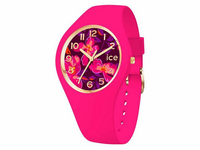 Ice Watch ICE Flower in Fuschia Blossom, kleine Größe, leuchtend pinkes Armband mit floralem Ziffernblatt in lila und goldenen Akzenten. Ideal für einen frischen, farbenfrohen Look.