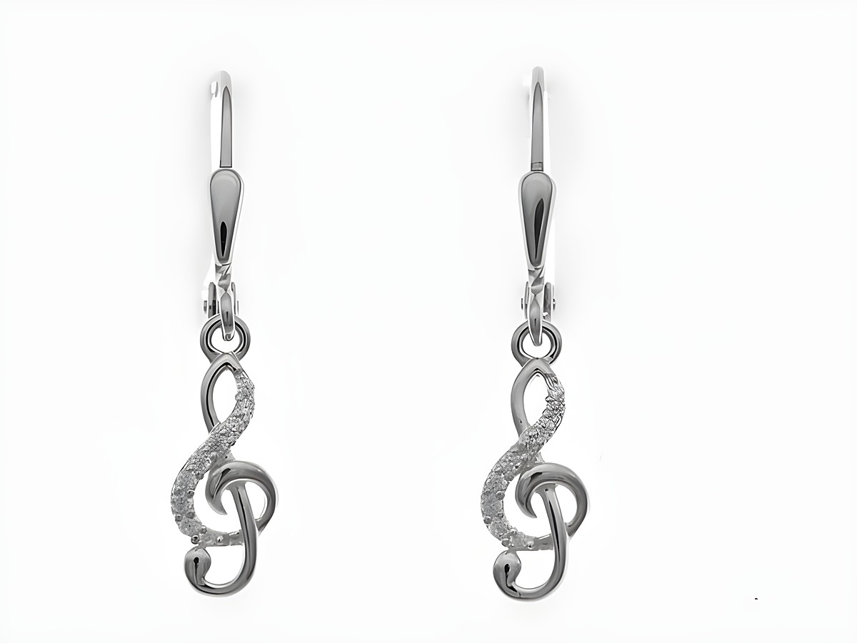 Rhodinierte Ohrhänger in Form eines Violinschlüssels aus Sterling Silber mit Zirkonia, hergestellt von Juwelier Harnisch, elegantes Design mit funkelnden Steinen.