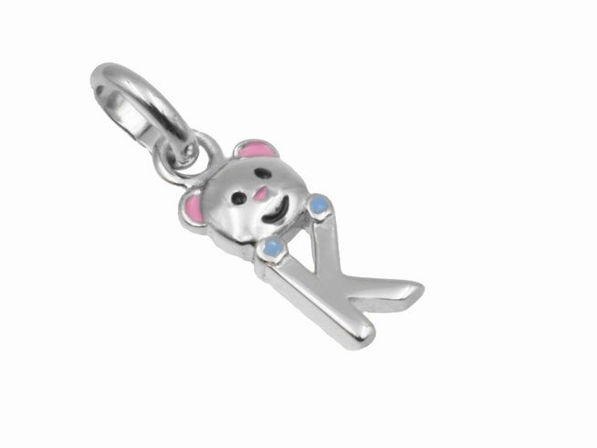 Teddy Anhänger Buchstabe K aus 925 Sterling Silber, poliert und rhodiniert, farbige Akzente, geeignet für Kinder, Hersteller Juwelier Harnisch.