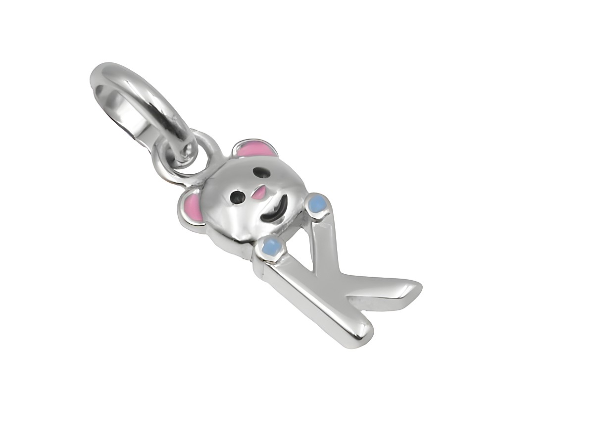 Teddy Anhänger Buchstabe K aus 925 Sterling Silber, poliert und rhodiniert, farbige Akzente, geeignet für Kinder, Hersteller Juwelier Harnisch.