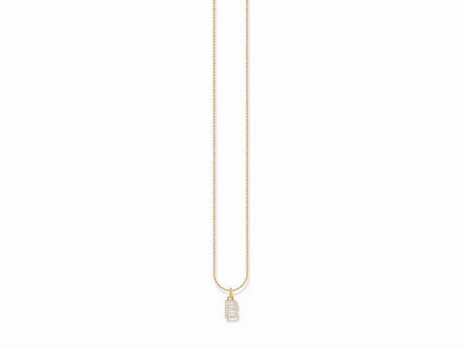 Silberne Kette von Thomas Sabo mit vergoldetem Buchstaben B und weißen Zirkonia. Längenverstellbar von 38 bis 45 cm, elegant und verspielt. Ideal als persönliches Geschenk.