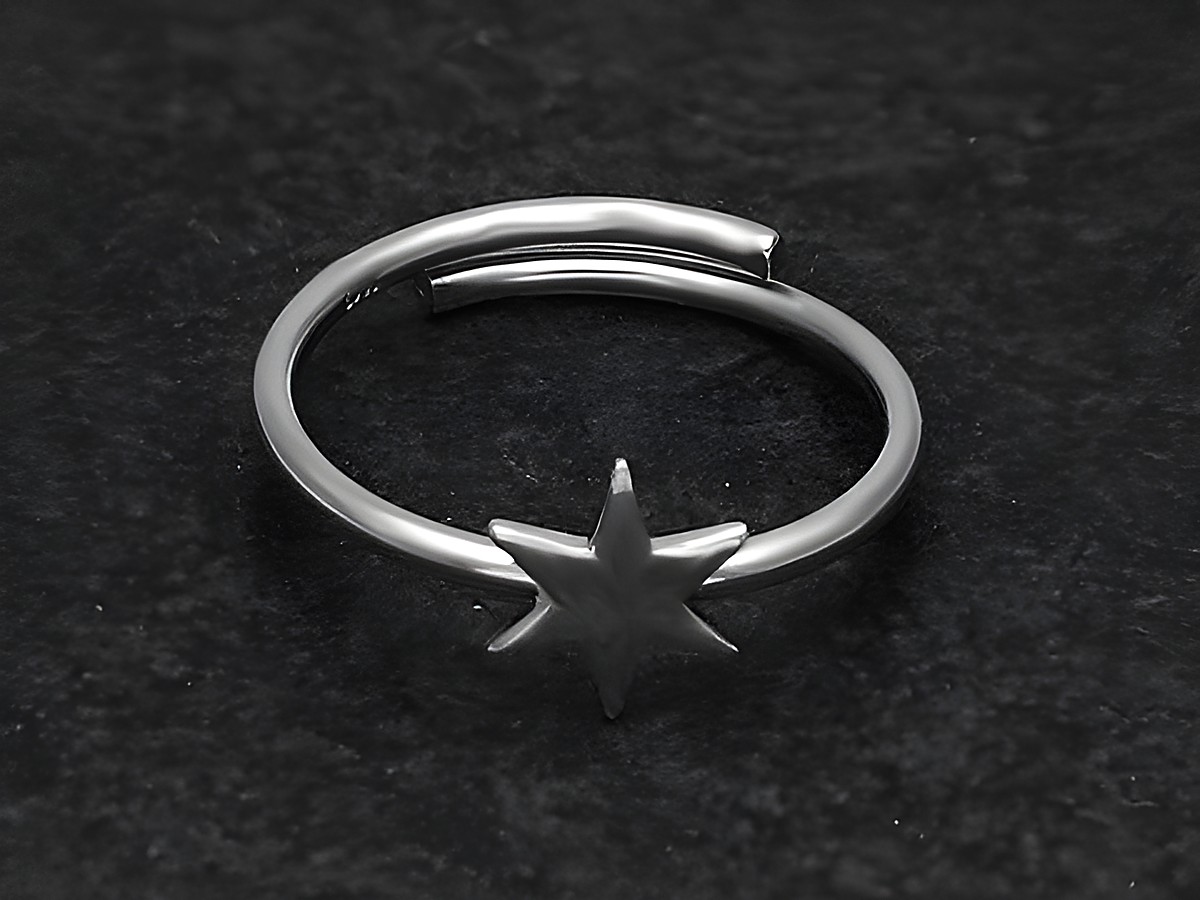 Silberring aus rhodiniertem Material mit polierter Oberfläche und einem zentralen, sternförmigen Design. Der Ring ist weit verstellbar und stammt vom Hersteller Juwelier Harnisch.