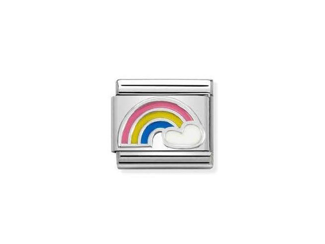 Das Bild zeigt ein Charm von Nomination mit einem bunten Regenbogen und einer weißen Wolke, gefertigt aus Sterling Silber und Emaille, für eine farbenfrohe Schmuckkollektion.